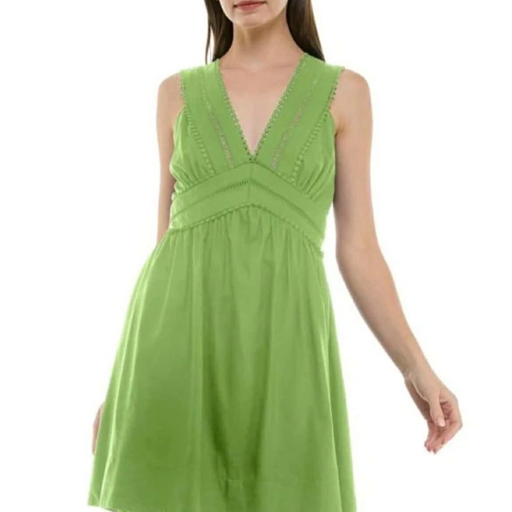 Taylor Womens Lime Green‎ Crochet Trim V-Neck Smocked Back A-Line Dress Size 16